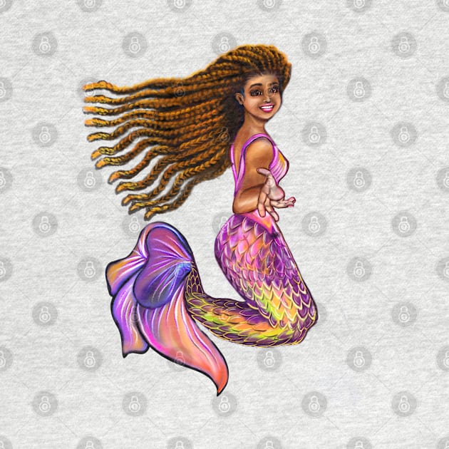 Best mermaid gifts 2022. Mermaid  with rainbow coloured colored fins, braids, outstretched  arm, brown eyes, Curly hair  and caramel brown skin - light background by Artonmytee